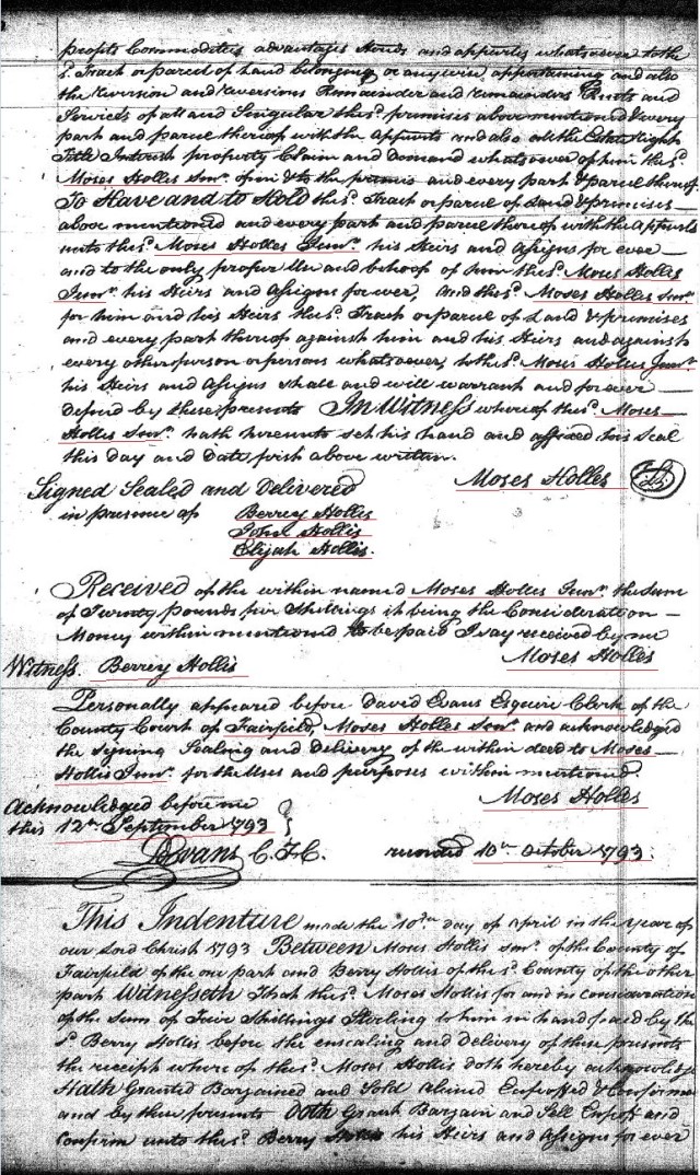 1793 Deed Moses Hollis Sr 100a to Moses Hollis Jr wit Berry John and Elijah Hollis prev granted William Goyen 300a in 1769 Fairfield Co, SC p2 marked