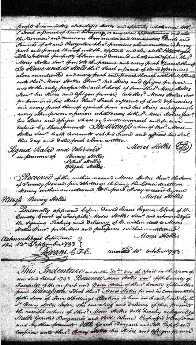 1793 Moses Hollis to Berry Hollis adj John Hollis wit by Moses Hollis Jr in Fairfield Co SC p1