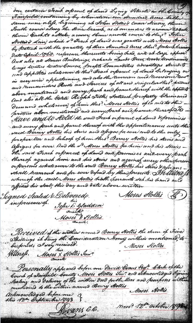 1793 Moses Hollis to Berry Hollis adj John Hollis wit by Moses Hollis Jr in Fairfield Co SC p2