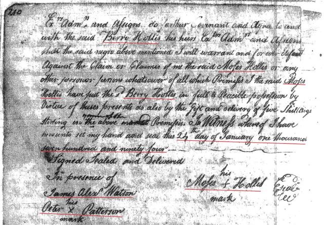 1794 Bond bk A p 182a Moses Hollis conveys slave Tom to Berry Hollis Fairfield SC p2 marked