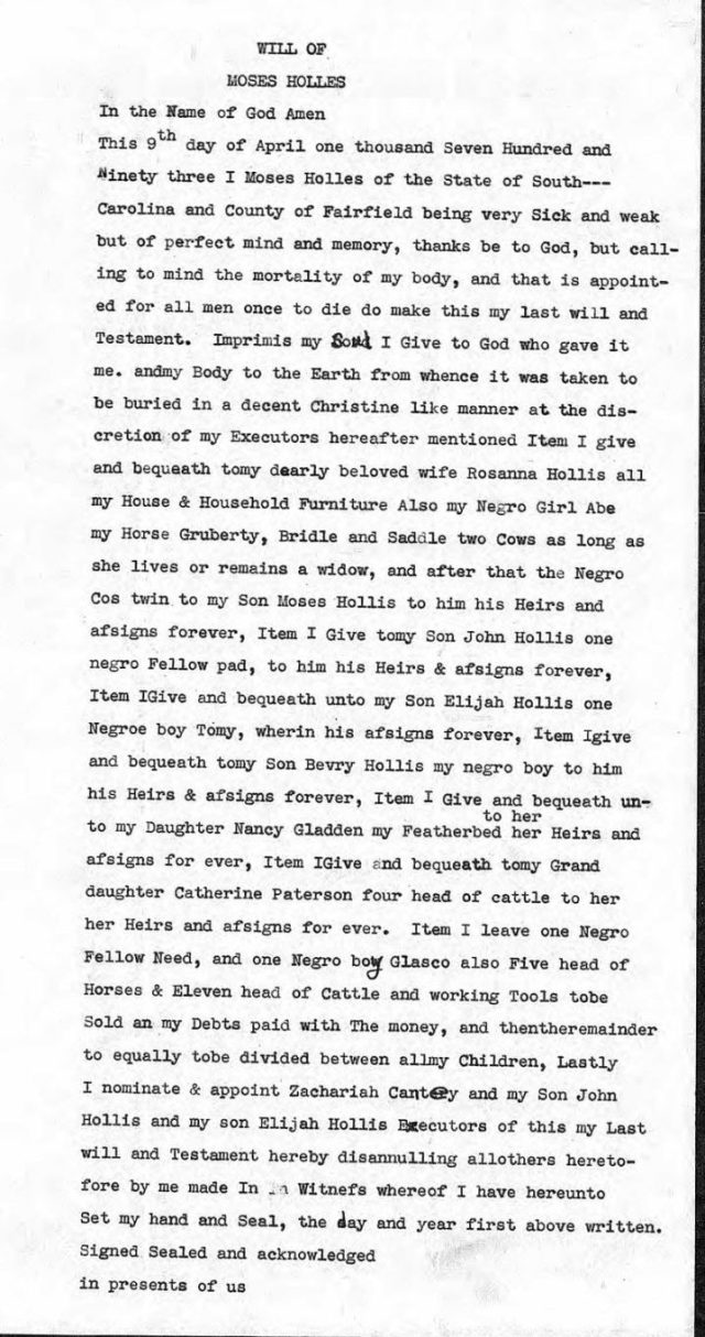 1794 Moses Hollis probate loose ppw 2a abstracted will Fairfield Co, SC snip