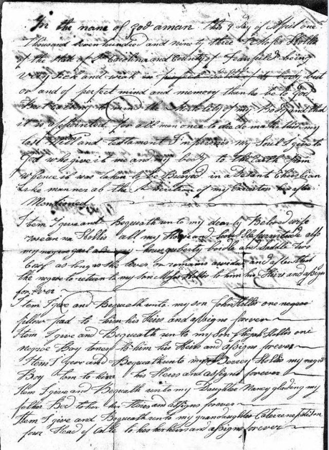 1794 Moses Hollis probate loose ppw 3 handwritten will Fairfield Co, SC 1 snip