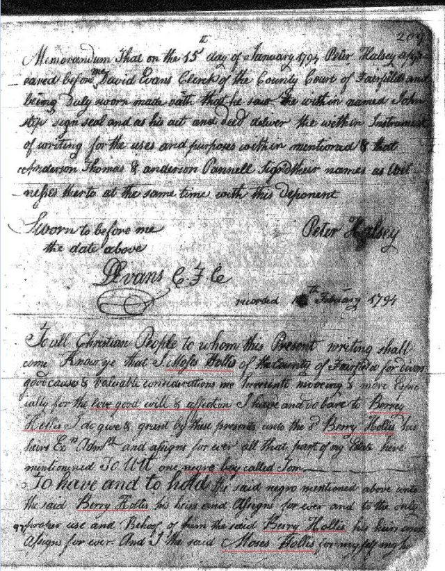 1794 Moses Hollis to Berry Hollis marked p1 Fairfield Co, SC