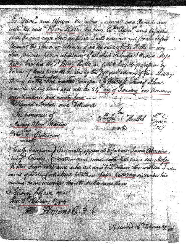 1794 Moses Hollis to Berry Hollis marked p2 Fairfield Co, SC