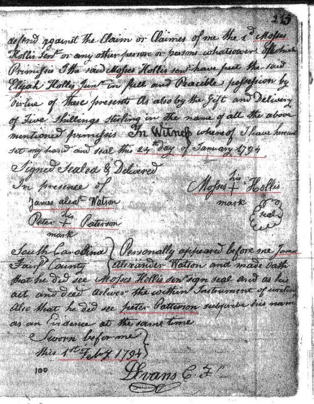 1794 Moses Hollis to Elijah Hollis Jr grandson 2 Fairfield Co, SC