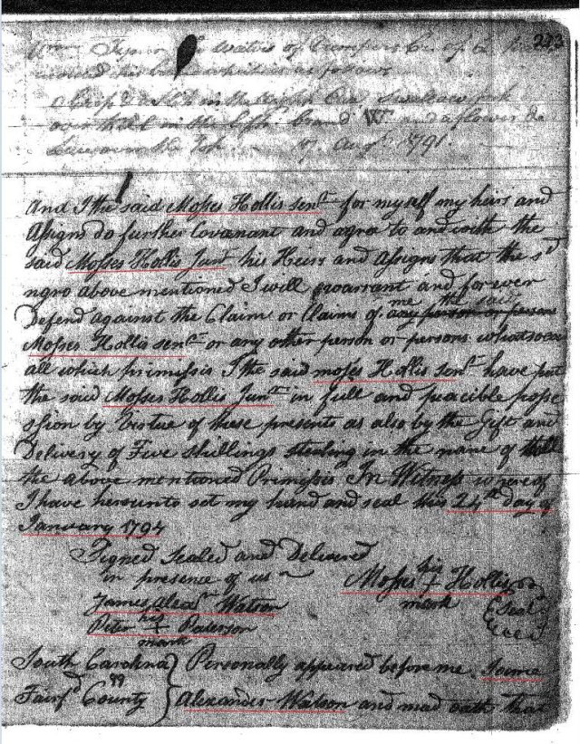 1794 Moses Hollis to Moses Hollis Jr 2 Fairfield Co, SC