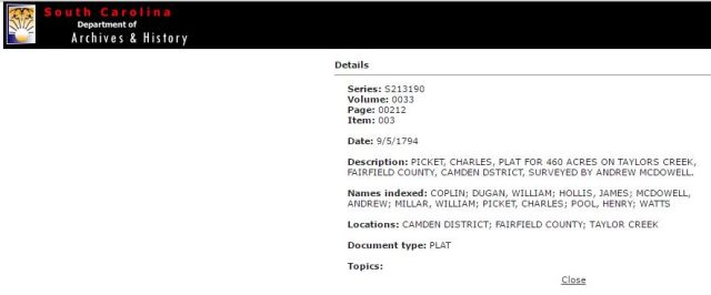 1794 Sept 4 James Hollis living adj to Charles Picket, and a Watts in Fairfield Co SC