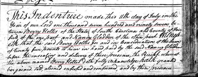 1797 Deed_L_0090a Berry Hollis to Nancy Glading 100 acres in Fairfield SC marked snip