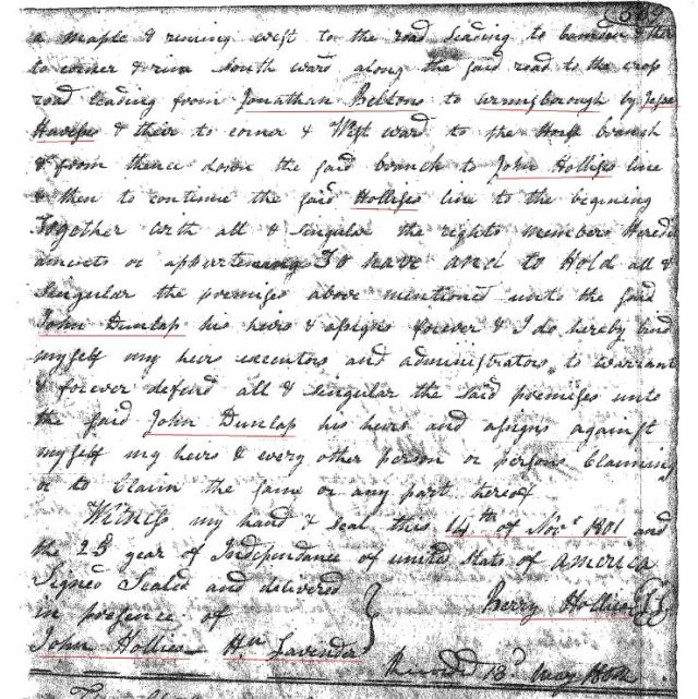 1801 Deed_N_0509a Berry Hollis to John Dunlap 50 acres w Hu Lavender a John Hollis Fairfield SC marked snip