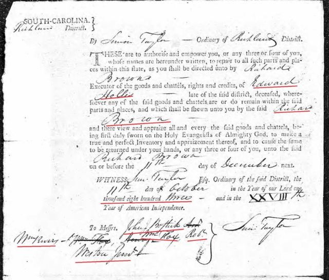 1803 order to appraise Edward Hollis estate in Richland Co SC snip