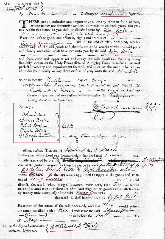 1807 March 10 warrant of appraisement with John Hollis and Elijah Hollis as appraisers in Fairfield SC