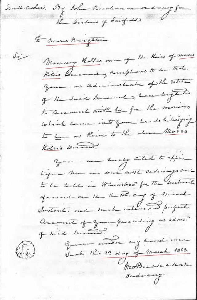 1815 Moses Hollis probate 11 petition marked snip
