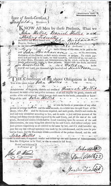 1817 Rosannah Hollis loose ppw 5 John a Daniel Hollis a Sterling Tidwell appt admin Fairfield marked snip