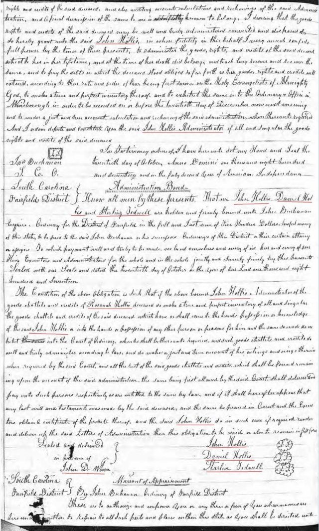 1817 Rosannah Hollis probate 2a bond and admin Fairfield marked snip