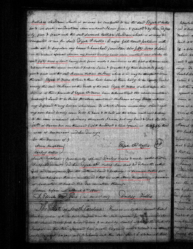 1829 Deed Book HH2 Fairfield Co SC p 76. Elijah V Hollis to Susanah Hollis and her children p2