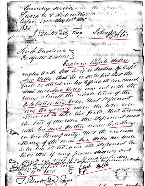 1830 Elijah Hollis rev war affid he is brother of Capt John Hollis Fairfield SC marked snip