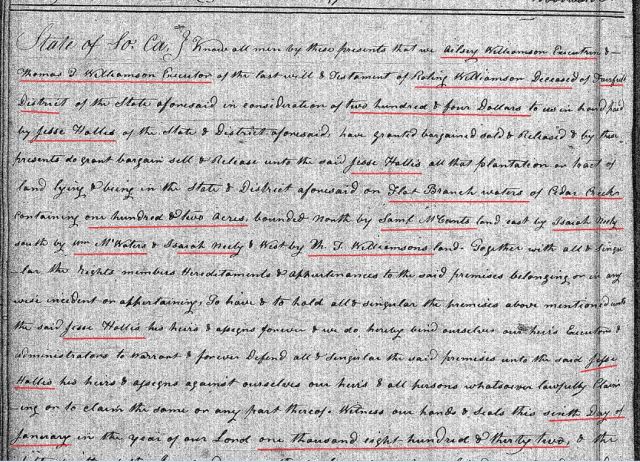 1832 Deed_KK_0218a Ailsey Williamson to Jesse Hollis marked snip 1