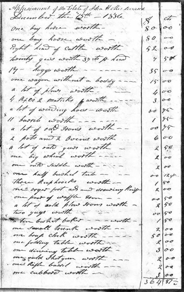 1836 Dec 15 appraisement of John Hollis estate snip