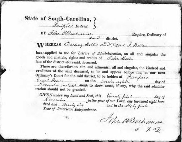 1836 Nov 21 Darling Hollis and David Hollis apply for letters of admin for John Hollis estate snip