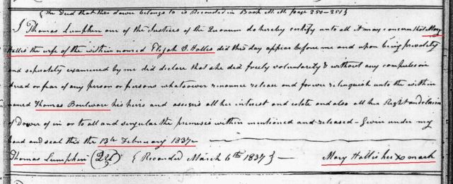 1837 Mary Hollis, wife of Elijah Hollis, relinquishing dower to Boulware