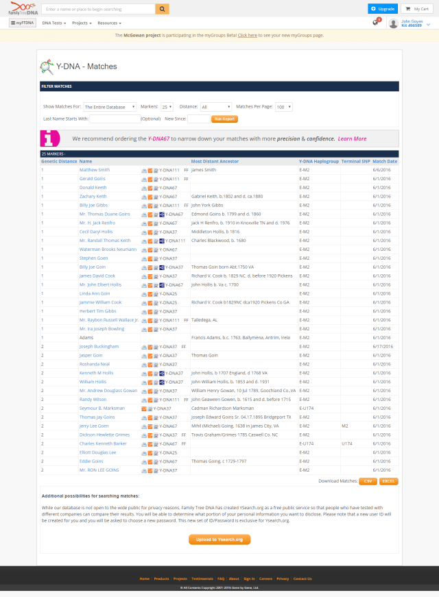 YDNA matches for 25 markers