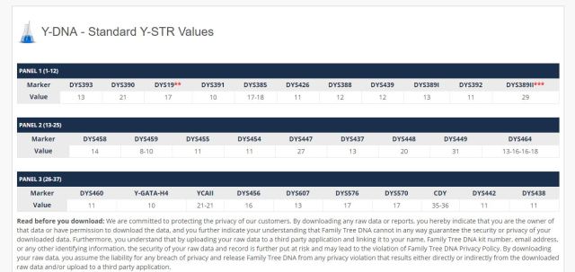 YDNA results STR values