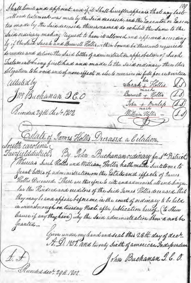 1802 01Jan 20 James Hollis probate 8 admin bond 2 and citation marked snip