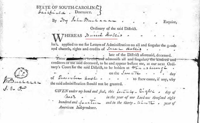 814 Nov 28 Sarah Hollis widow of James probate 3 letters admin marked snip