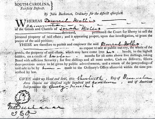1814 Dec 13 Sarah Hollis widow of James probate 5 sale order marked snip
