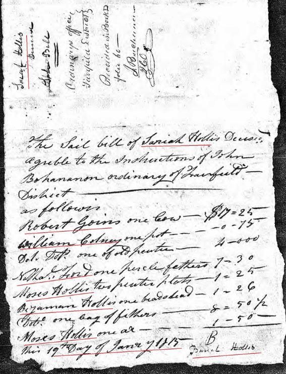 1815 Jan 19 Sarah Hollis widow of James probate 2 sale marked snip