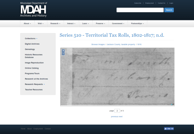 1816 Jackson Co MS tax roll w John Eubanks