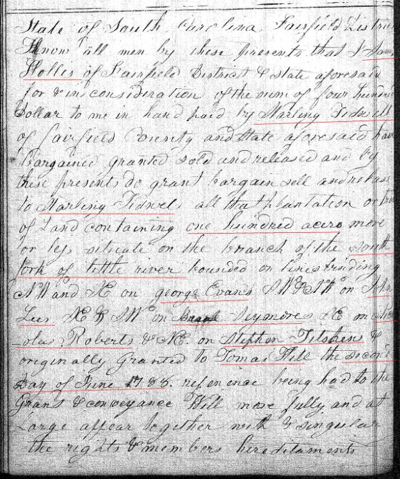 1817 Deed_Y_0475a Samuel Hollis to Sterling Tidwell 100a in Fairfield SC marked snip