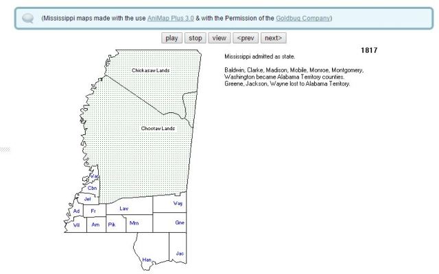 1817 map of Miss counties when Mississippi becomes a state