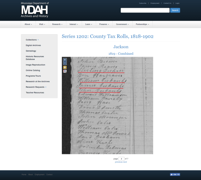 1819 Jackson Co MS tax roll w William a James a John Eubanks a Sterling Dupree marked