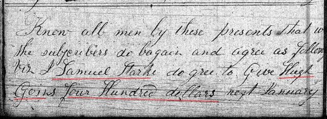 1820 Sept 1 Deed_CC_0022a Hugh Goins conveys land to Samuel Starke 1 marked snip