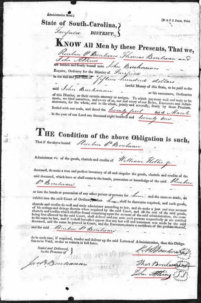 1821 Mar 21 William Hollis Jr estate admin bond loose ppw marked snip