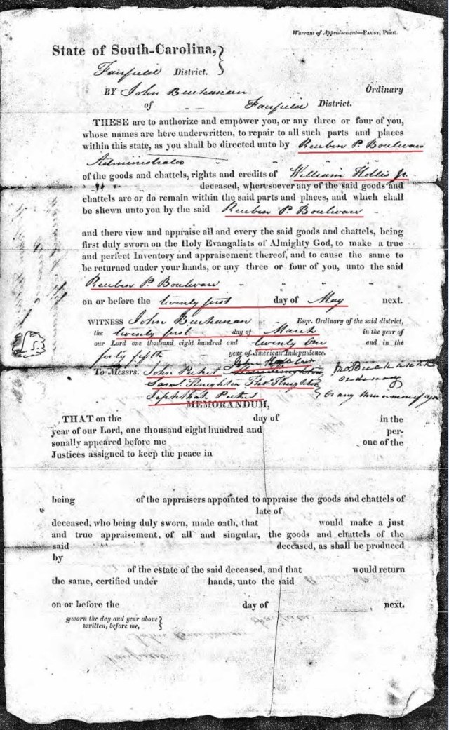 1821 Mar 21 William Hollis Jr estate order appraise loose ppw marked snip