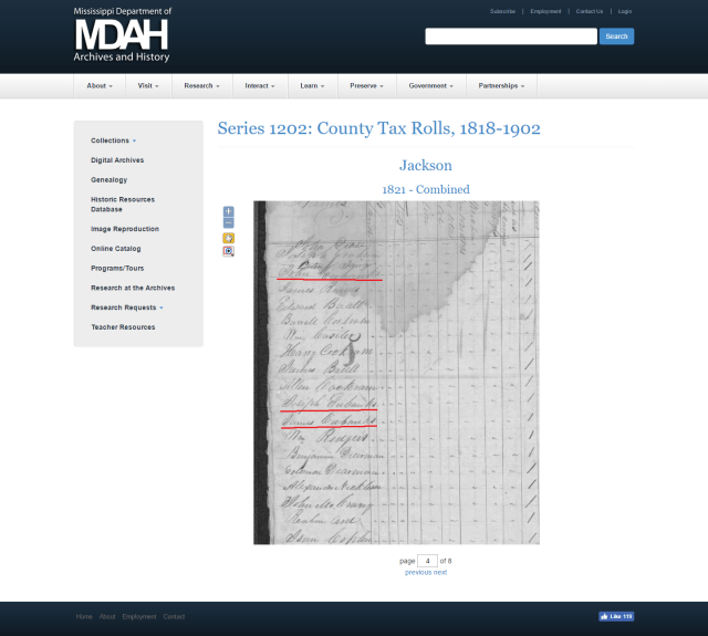 1821 Jackson Co MS taxroll w Joseph Eubanks a James Eubanks a John Eubanks marked