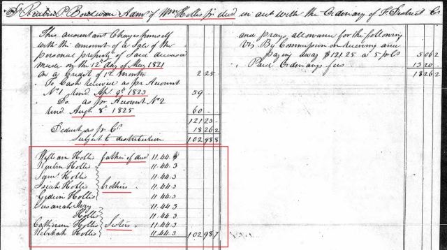 1825 Aug 8 William Hollis Jr estate distribution loose ppw w heirs ID marked snip