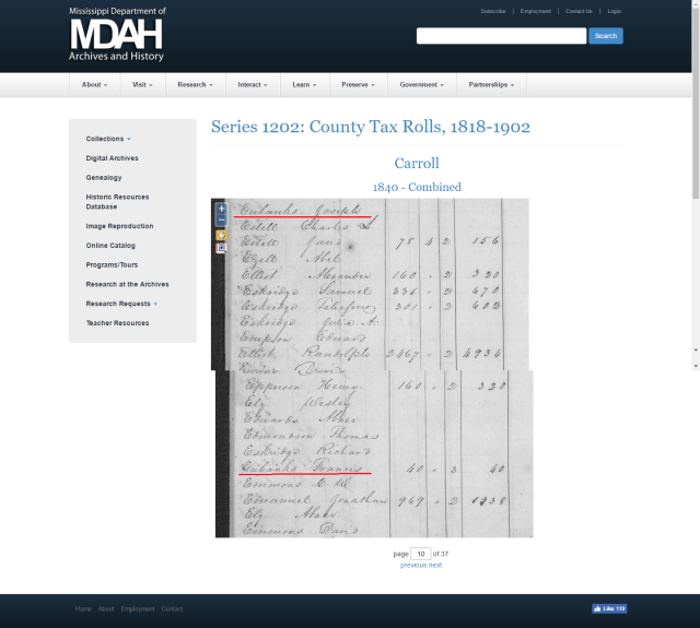 1840 Carroll Co MS taxroll w Joseph Eubanks and Francis Eubanks marked