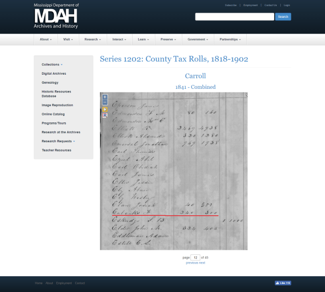 1841 Carroll Co MS taxroll w F Eubanks marked