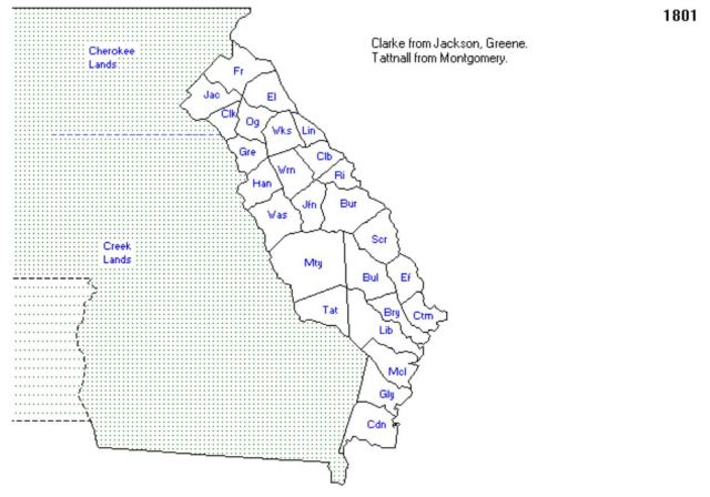 map in 1801 of Georgia Counties