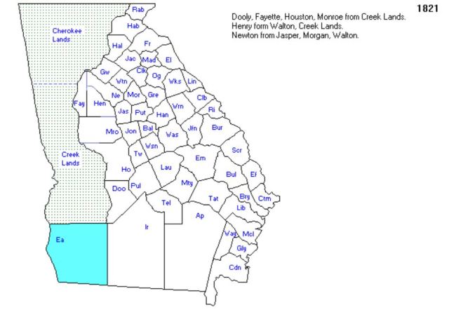map in 1821 of Georgia Counties