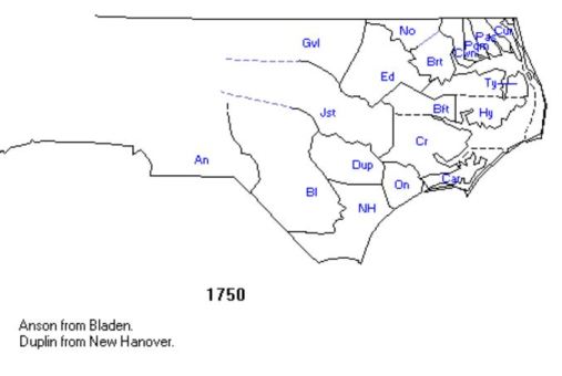 North Carolina county locations in 1750