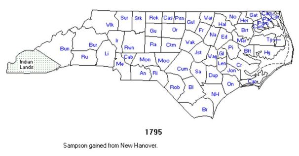North Carolina county locations in 1795