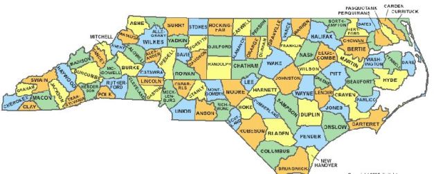 North Carolina county locations today