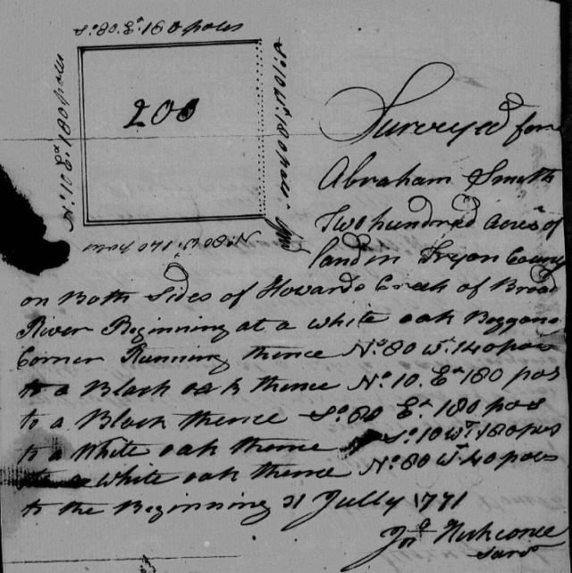 1771 July 21 survey for Abraham Smith for 200 acres in Tryon Co NC