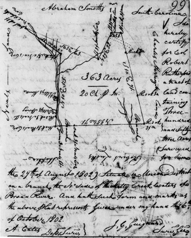1802 Oct 6 - Rutherford, Robert, Plat For 363 Acres On Branch Of Thicketty Creek adj to Abraham Smith, Union District 
