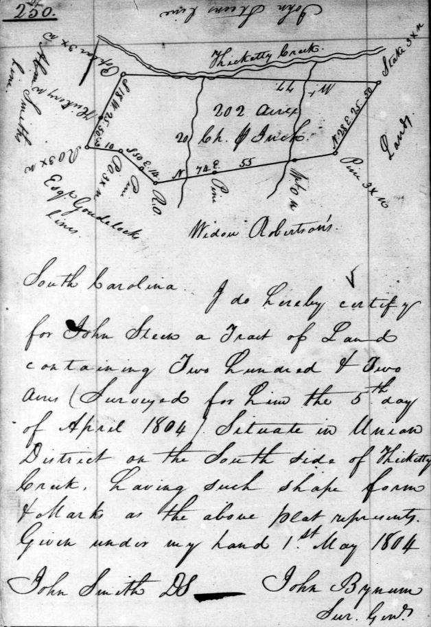 1804 May 1 - John Steen, Plat For 202 Acres On Thicketty Creek adj Abraham Smith, Union District