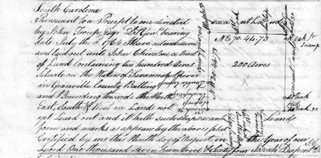 1764 Aug 9 John Chisolm recd 200 acre plat in Granville Co SC plat